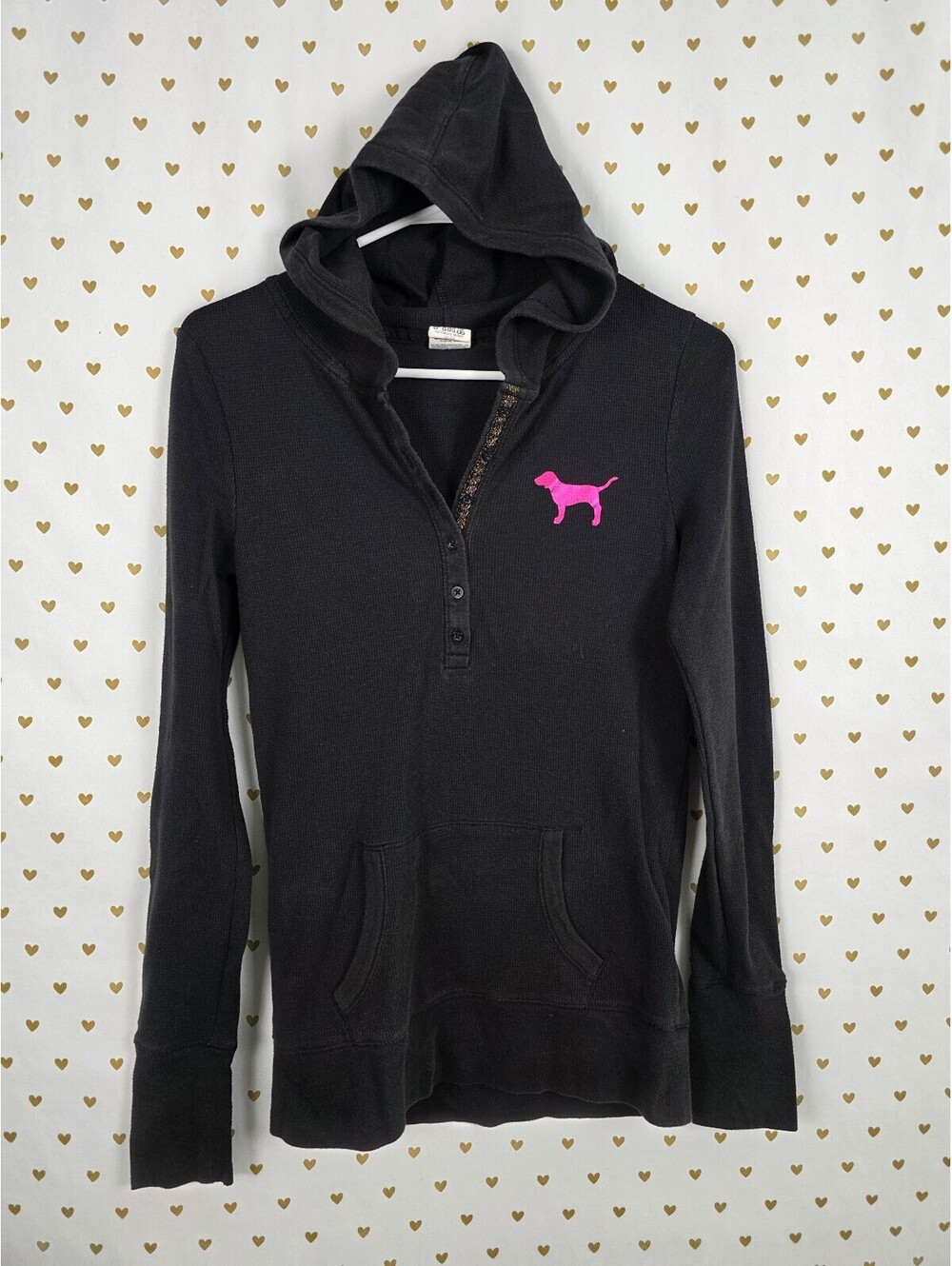 Victorias Secret Pink Vintage Black Thermal Hooded Henley Logo Medium
